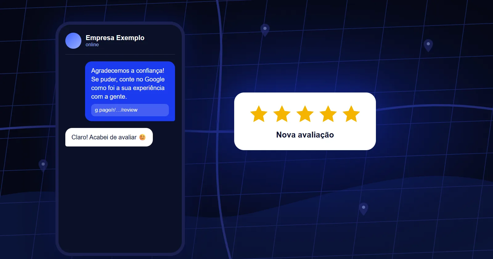 Ilustração de um celular com uma conversa de WhatsApp pedindo a avaliação do cliente e cinco estrelas em destaque