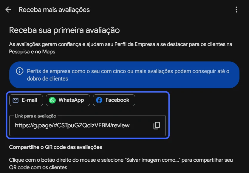 Janela "Receba mais avaliações", com os botões de e-mail e WhatsApp e o link para a avaliação em destaque