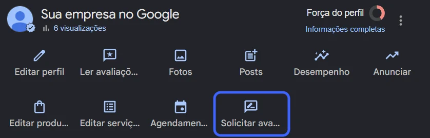 Painel "Sua empresa no Google" na Pesquisa, com o botão "Solicitar avaliações" em destaque