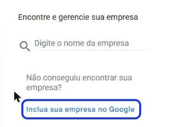 Tela inicial do Perfil da Empresa no Google, com a busca pelo nome da empresa e o link "Inclua sua empresa no Google" em destaque