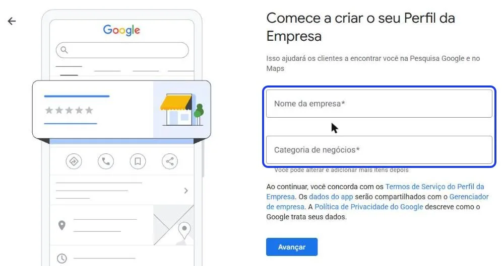 Formulário "Comece a criar o seu Perfil da Empresa", com os campos de nome e categoria em destaque