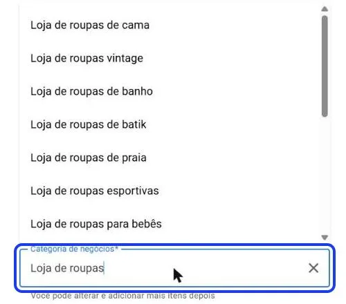 Lista de categorias sugeridas pelo Google enquanto o nome da categoria é digitado