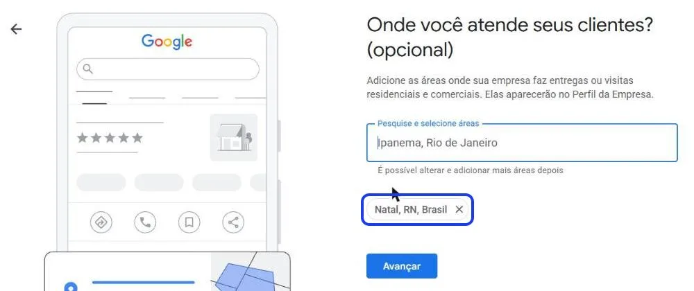 Tela "Onde você atende seus clientes?", com uma cidade escolhida como área de atendimento