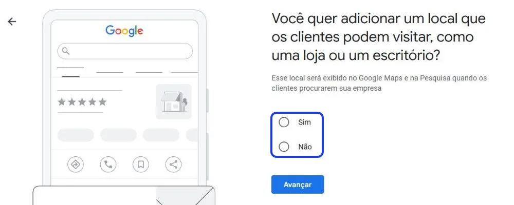 Pergunta "Você quer adicionar um local que os clientes podem visitar, como uma loja ou um escritório?", com as opções Sim e Não em destaque