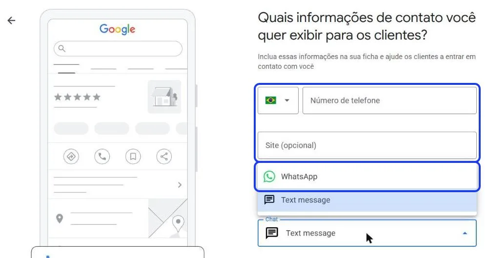 Tela de informações de contato, com telefone, site e a opção de WhatsApp no campo de chat em destaque